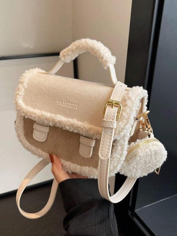 Women's Suede Handbag with Faux Fur Decor, Casual Versatile Solid Color Shoulder Bag with Coin Purse, Trendy High-quality Daily Commuting Bag, Girl Fashionable Bag