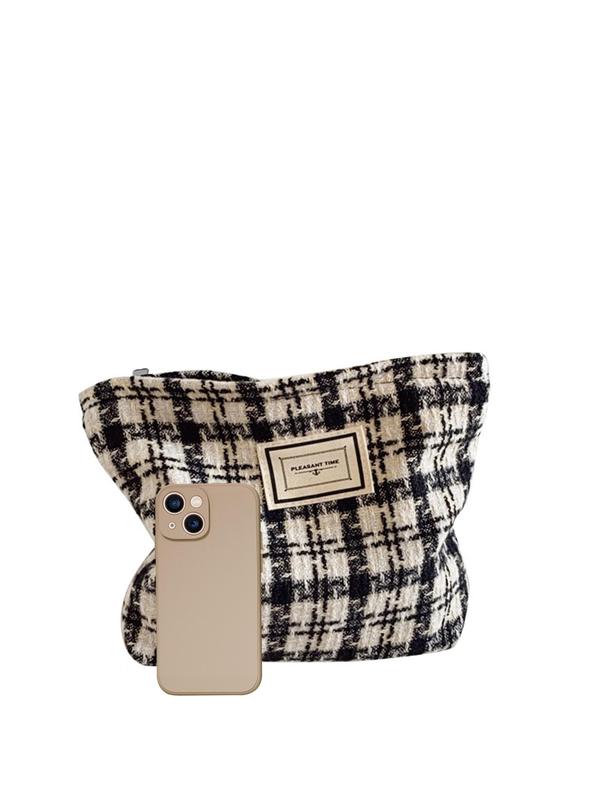 Fashionable Plaid Print & Letter Patch Decor Makeup Bag, Large Capacity Cosmetic Storage Bag, Portable Handbag For Women & Girls