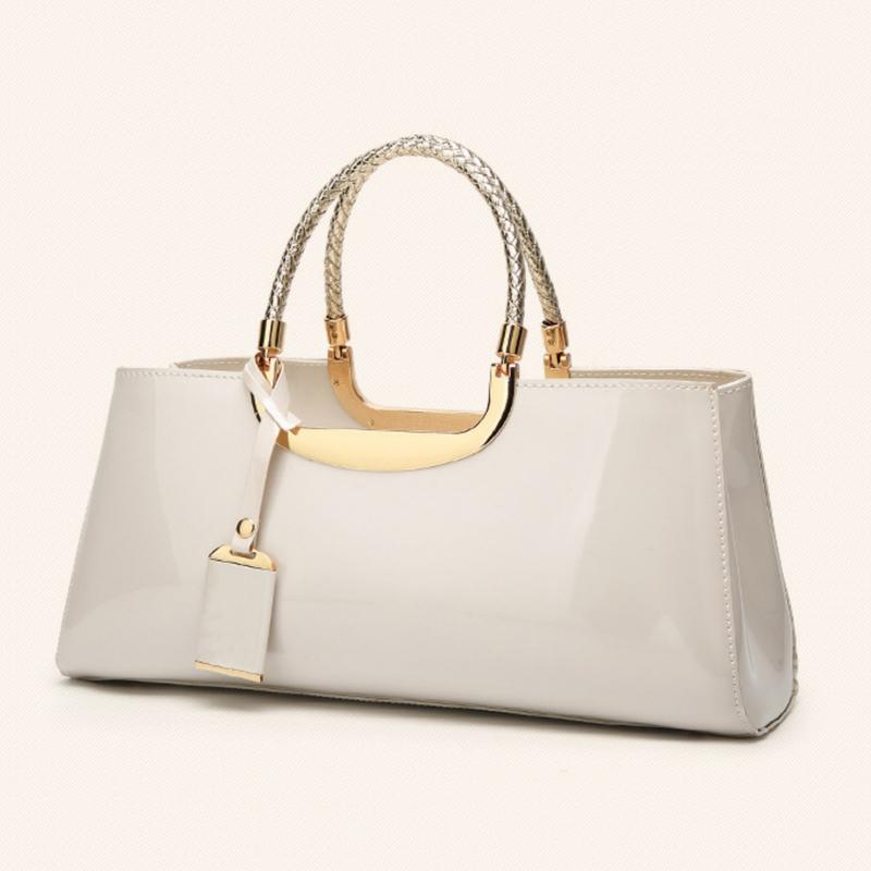 Solid Patent Leather Square Tote,Classic Banquet Handbag with Round Patterned Handles