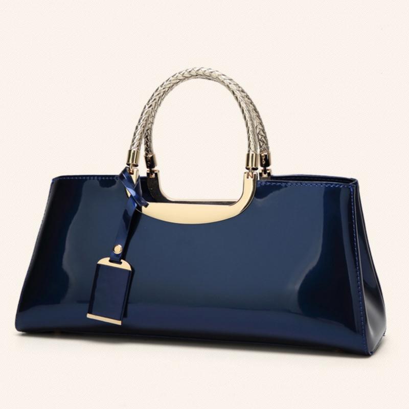 Solid Patent Leather Square Tote,Classic Banquet Handbag with Round Patterned Handles