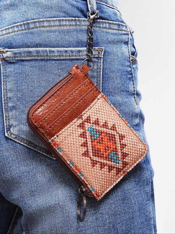 Women's Boho Style Colorful Ethnic Pattern Zip-up Card Holder & Coin Purse, Summer Casual Trendy Short Wallet with Card Slots, Fashionable Vintage Card Holder for Daily Use, Geometric Pattern Handbag