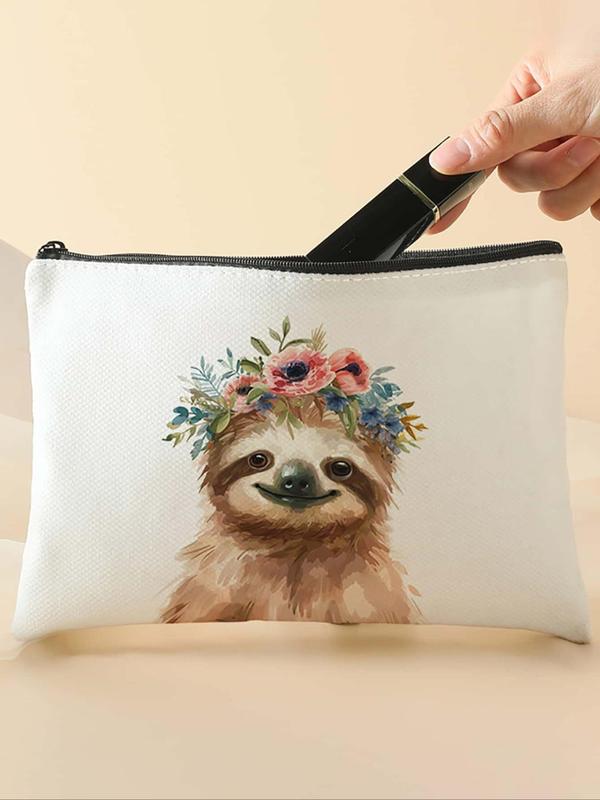 Sloth Pattern Makeup Bag, Floral Decor Cosmetic Storage Bag, Multi-functional Makeup Organizer Pouch, Versatile Storage Bag for Travel, Business Trips