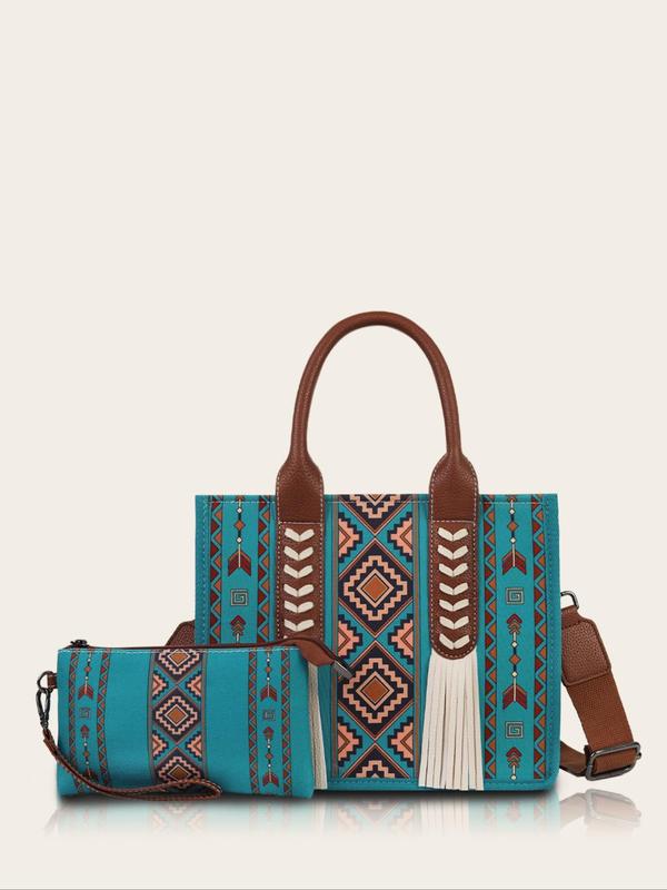 Boho Style Ethnic Pattern Tassel Decorated Bag Set, Large Capacity Designer Tote Bag & Coin Purse, Vintage Style Bag Set for Women