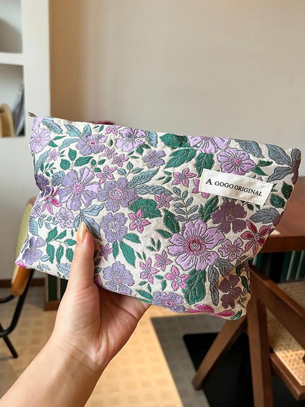 Fashion Letter Patched Design Floral Pattern Makeup Bag, Casual Large Capacity Cosmetic Storage Bag For Women & Girls, Portable Toiletry Bag For Travel & Daily Used