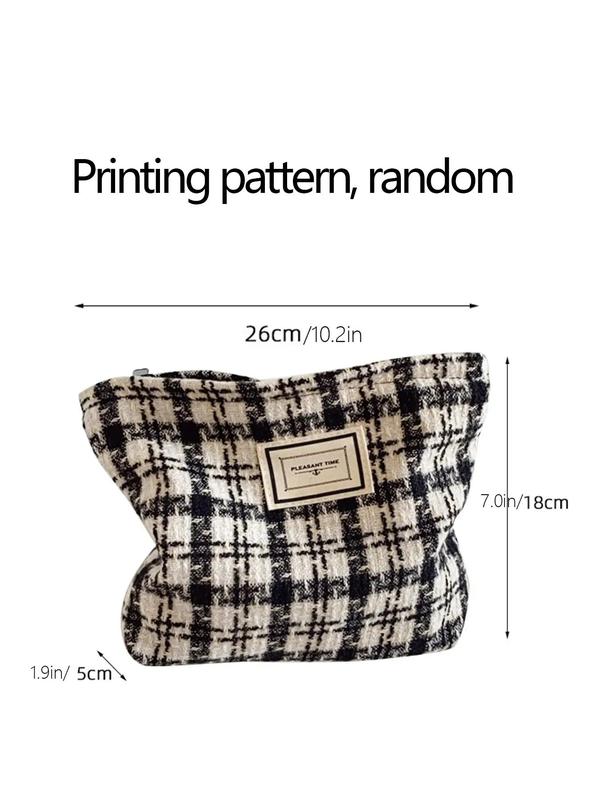 Fashionable Plaid Print & Letter Patch Decor Makeup Bag, Large Capacity Cosmetic Storage Bag, Portable Handbag For Women & Girls