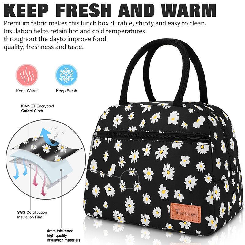 Flower Pattern Bento Bag, 1 Count Portable Multifunctional Insulated Lunch Bag with Handle, Lunch Box Storage Bag for School Office Outdoor Camping Picnic