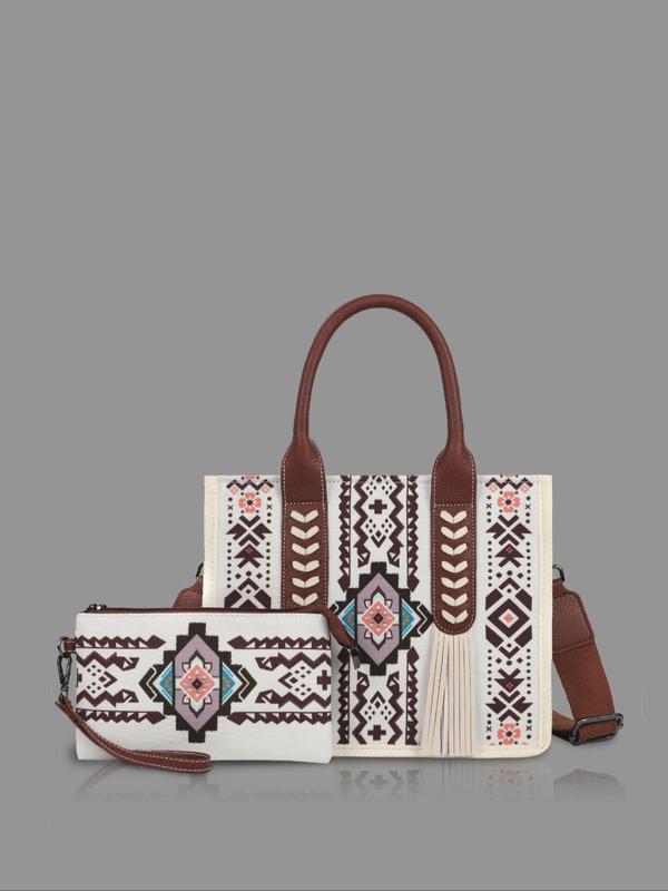 Boho Style Ethnic Pattern Tassel Decorated Bag Set, Large Capacity Designer Tote Bag & Coin Purse, Vintage Style Bag Set for Women