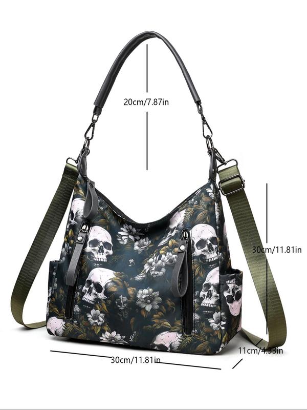 Fashion All Over Skull & Floral Print Tote Bag, Casual Large Capacity Shoulder Bag for Women, Trendy Adjustable Strap Crossbody Bag for Women for Daily Use