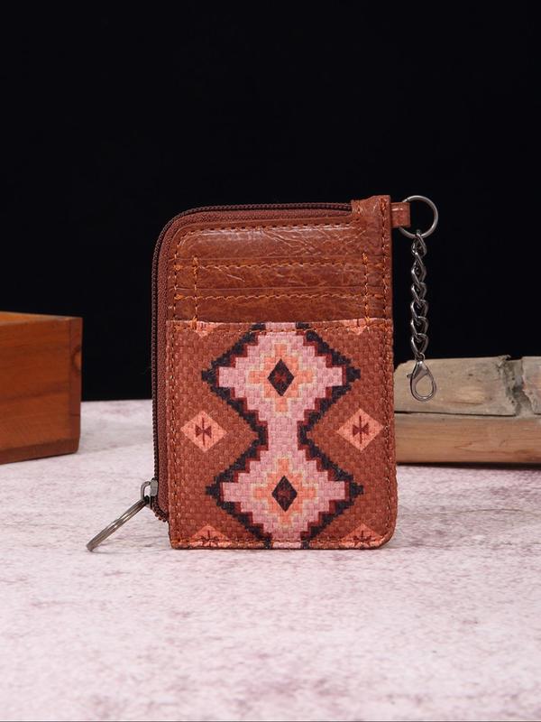 Women's Boho Style Colorful Ethnic Pattern Zip-up Card Holder & Coin Purse, Summer Casual Trendy Short Wallet with Card Slots, Fashionable Vintage Card Holder for Daily Use, Geometric Pattern Handbag