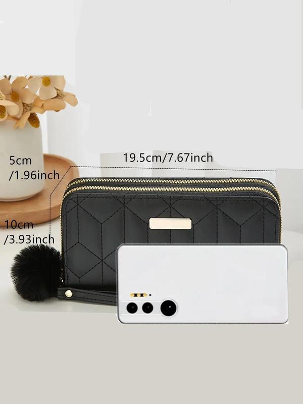 Women's Plaid Pattern Double Layer Zipper Quilted Long Wallet, Fashionable Pom Pom Decorated Pu Leather Card Holder, Large Capacity Coin Purse with Wristlet for Daily Used