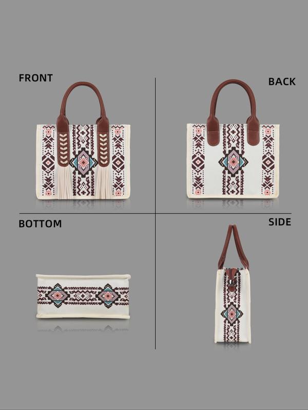 Boho Style Ethnic Pattern Tassel Decorated Bag Set, Large Capacity Designer Tote Bag & Coin Purse, Vintage Style Bag Set for Women