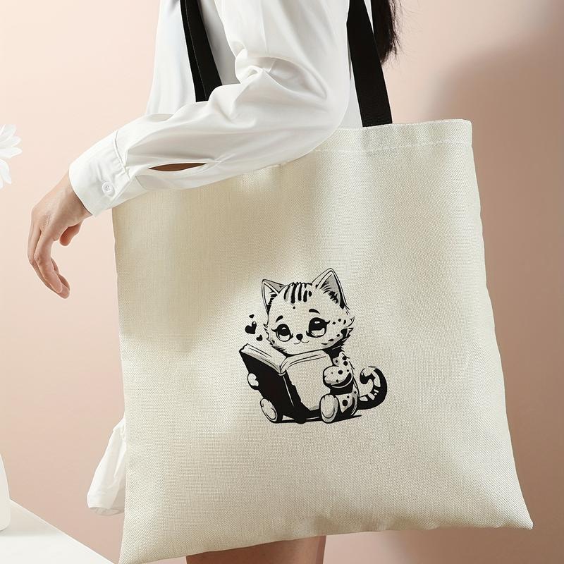 Kawaii Cute Cartoon Printed Handbag, Large Capacity Canvas Shoulder Bag, Women's Casual Reusable Handbag and Shopping Travel Beach Bag plain casual