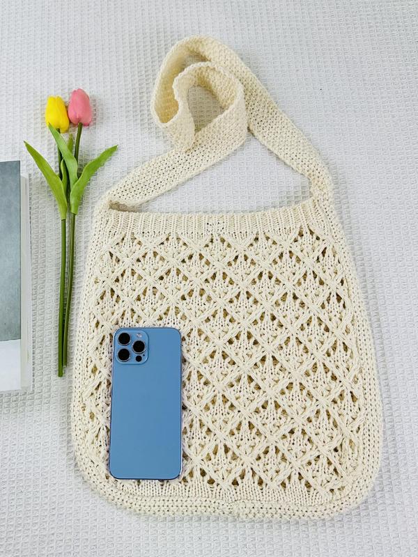 Women's Summer Minimalist Solid Color Crochet Shoulder Bag As Gift, Simple Design Plain Designer Crossbody Bag, Casual Fashionable Knitting Bag, Leisure Style Large Capacity Tote Bag for Women for Fall 2024, Purse