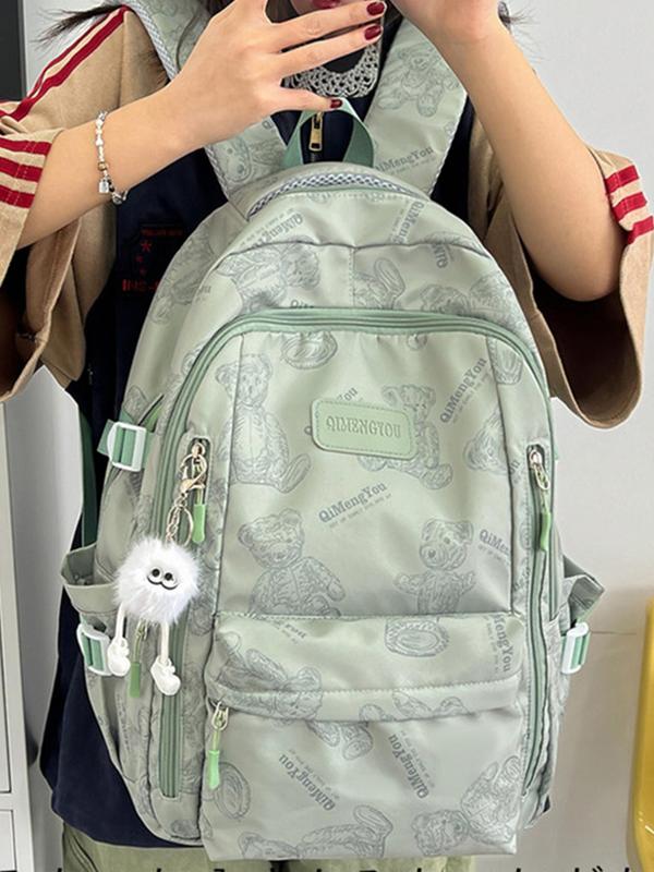 Women's Cartoon Bear Pattern Backpack & Shoulder Bag Set, with Cute Bag Charm, Versatile Letters Patched School Bag Set, Trendy Daily Commuting Bag Set