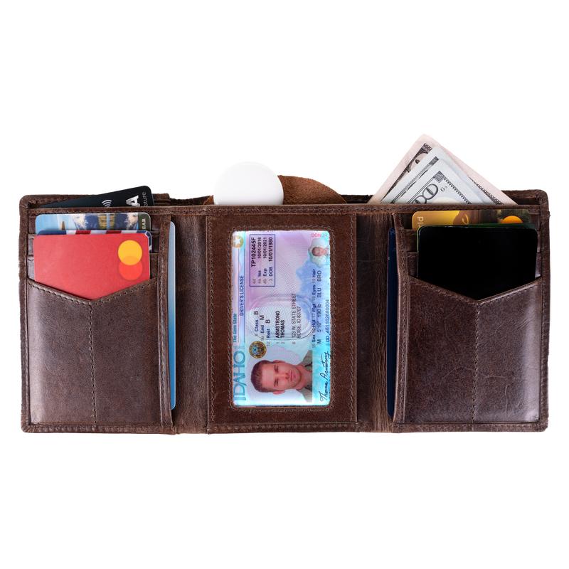 Bull Guard Patriotic Freedom Leather RFID Trifold Wallet for Men with Pocket for Air Tag or Other Tracking Devices & 2 ID Windows In Top Grain Leather