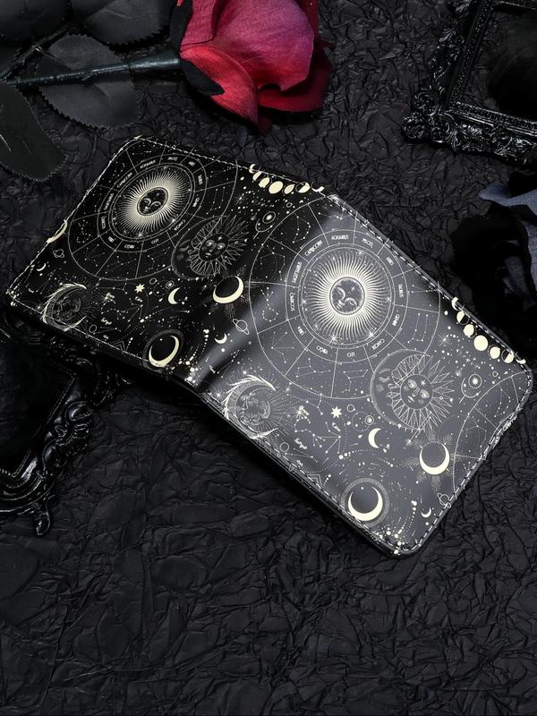 Men's Casual Star & Moon Pattern Short Wallet, Trendy Zipper Card Holder, Business Card Holder for Men for Daily Use