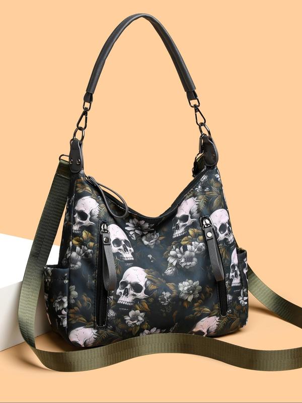 Fashion All Over Skull & Floral Print Tote Bag, Casual Large Capacity Shoulder Bag for Women, Trendy Adjustable Strap Crossbody Bag for Women for Daily Use