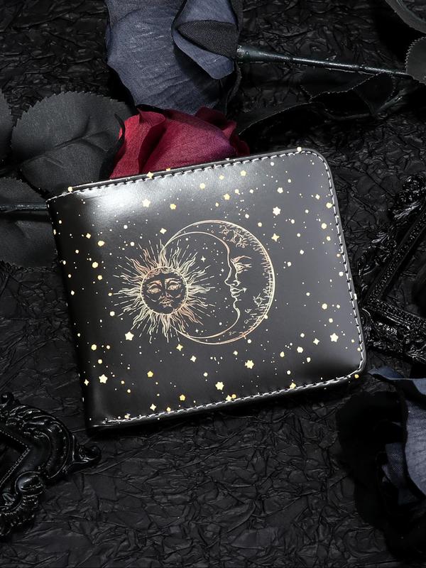 Men's Casual Star & Moon Pattern Short Wallet, Trendy Zipper Card Holder, Business Card Holder for Men for Daily Use