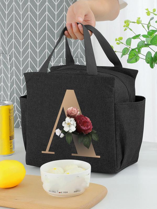 Large Capacity Letter & Floral Pattern Lunch Bag, Insulated Lunch Box Storage Handbag, Portable Lunch Bag for Travel, School, Office, Picnic, Camping