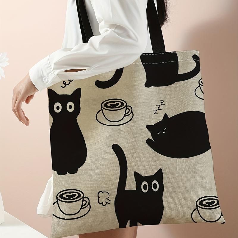 Kawaii Cute Cartoon Printed Handbag, Large Capacity Canvas Shoulder Bag, Women's Casual Reusable Handbag and Shopping Travel Beach Bag plain casual