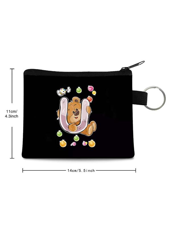 Women's Cute Cartoon Bear & Letter Pattern Coin Purse, Portable Zipper Coin & Key & Earphone Organizer Pouch, Minimalist All-match Wallet for Women & Girls