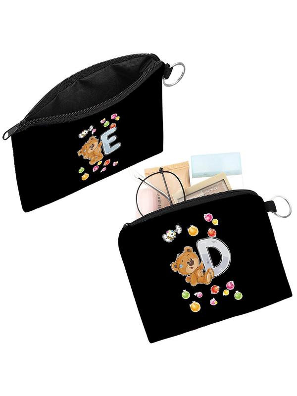 Women's Cute Cartoon Bear & Letter Pattern Coin Purse, Portable Zipper Coin & Key & Earphone Organizer Pouch, Minimalist All-match Wallet for Women & Girls