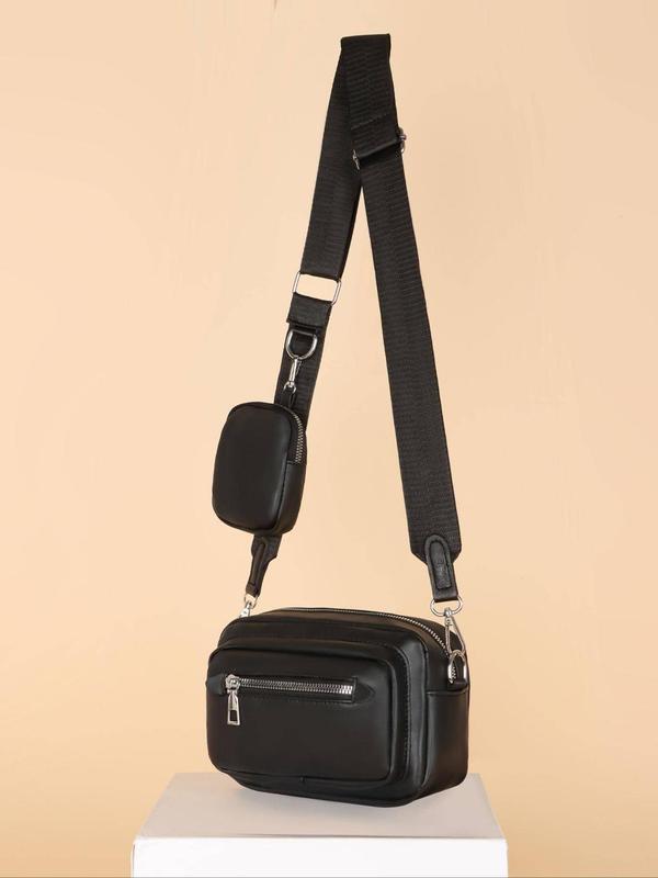 Men's Casual Plain Pu Leather Zipper Shoulder Bag, Daily Travel Simple Versatile Crossbody Bag, with Small Bag for Keys