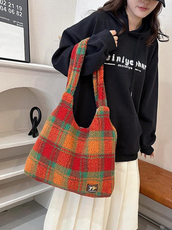 Women's Colorblock Plaid Pattern Tote Bag, Large Capacity Shoulder Bag, Retro Y2K Stylish Tote Bag for Women & Girls