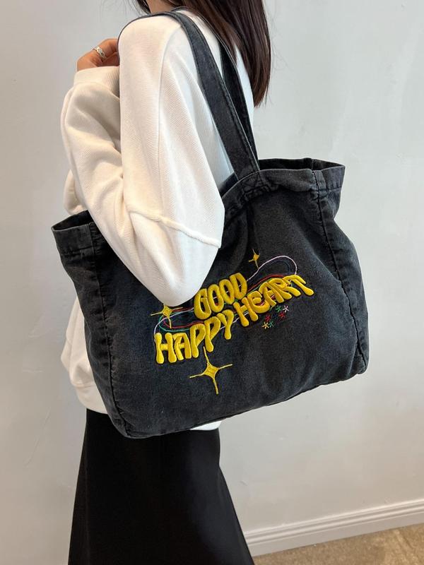 Letter Embroidery Everything Tote Bags for School, Casual Large Shoulder Bag, Trendy Work Bag, Fashionable Plain Tote Bag for Women Summer 2024 Back To School