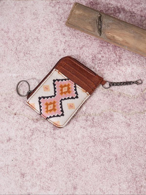 Women's Boho Style Colorful Ethnic Pattern Zip-up Card Holder & Coin Purse, Summer Casual Trendy Short Wallet with Card Slots, Fashionable Vintage Card Holder for Daily Use, Geometric Pattern Handbag