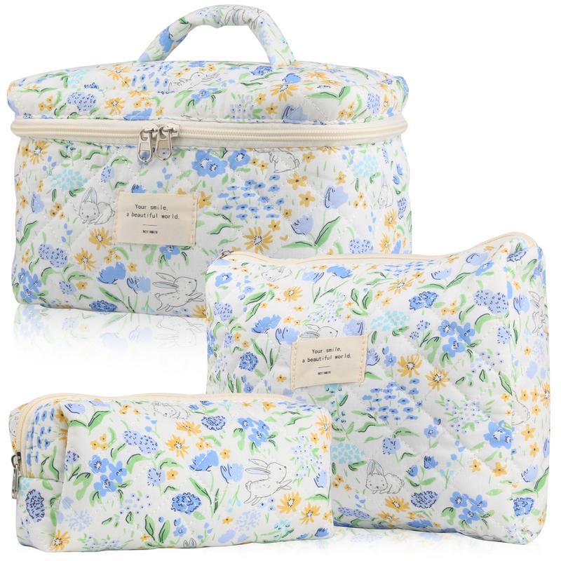 Cute Makeup Bag for Women(3 Pcs) , Quilted Floral Coquette Aesthetic Make up Bags, Travel Cosmetic Bags Toiletry Organizer Bag