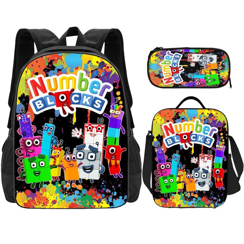 Numberblocks Backpack 3PCS Cute Cartoon Backpack Set Large Capacity Shoulder Backpack