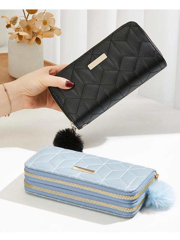 Women's Plaid Pattern Double Layer Zipper Quilted Long Wallet, Fashionable Pom Pom Decorated Pu Leather Card Holder, Large Capacity Coin Purse with Wristlet for Daily Used