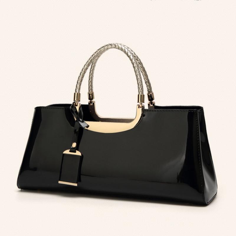 Solid Patent Leather Square Tote,Classic Banquet Handbag with Round Patterned Handles