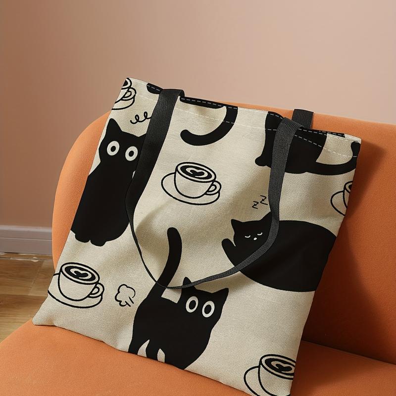 Kawaii Cute Cartoon Printed Handbag, Large Capacity Canvas Shoulder Bag, Women's Casual Reusable Handbag and Shopping Travel Beach Bag plain casual