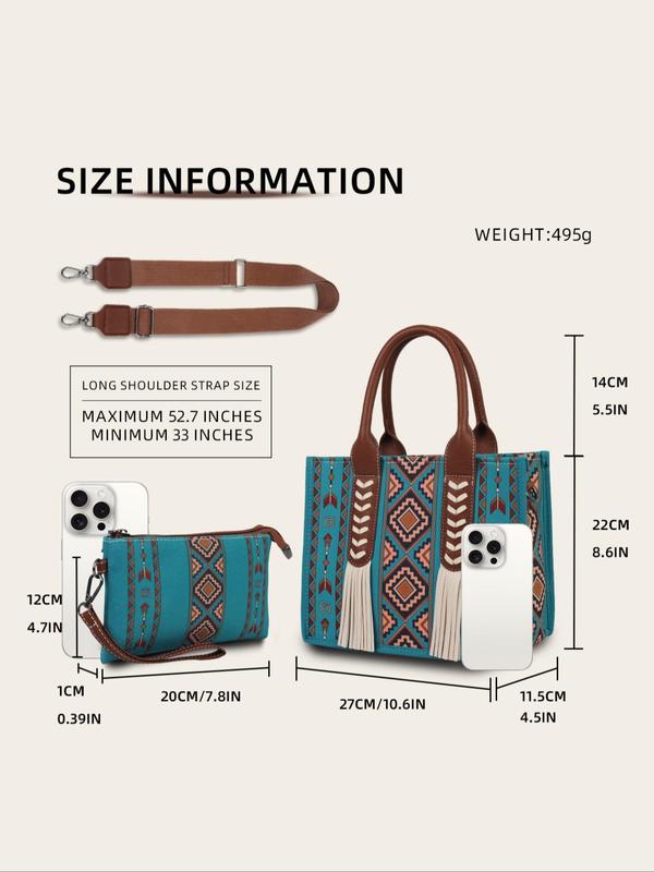 Boho Style Ethnic Pattern Tassel Decorated Bag Set, Large Capacity Designer Tote Bag & Coin Purse, Vintage Style Bag Set for Women