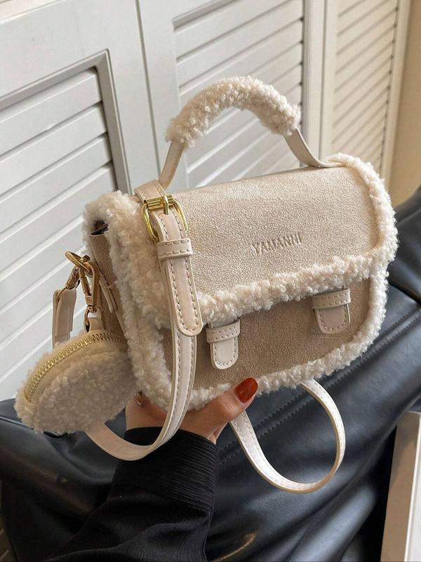 Women's Suede Handbag with Faux Fur Decor, Casual Versatile Solid Color Shoulder Bag with Coin Purse, Trendy High-quality Daily Commuting Bag, Girl Fashionable Bag