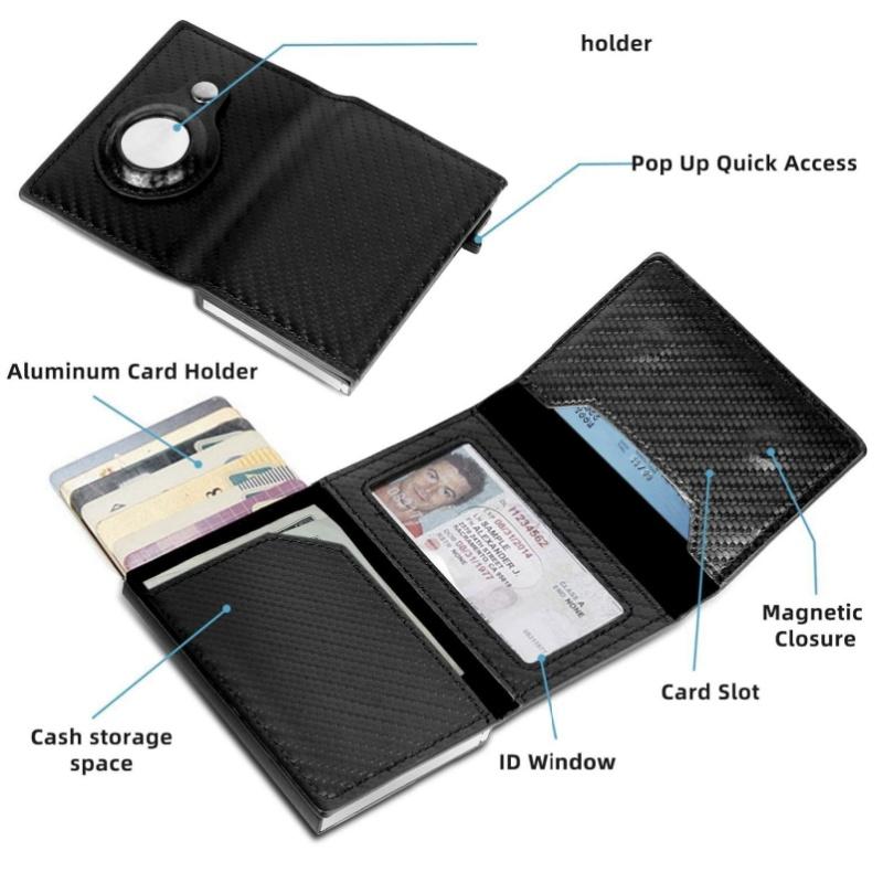 Men's AirTag Pop-Up Wallet: Security Stand, RFID Blocking, Smart, Slim, Simple, Carbon Fiber - 9-14 Card Capacity | ID Window | Cash Slot