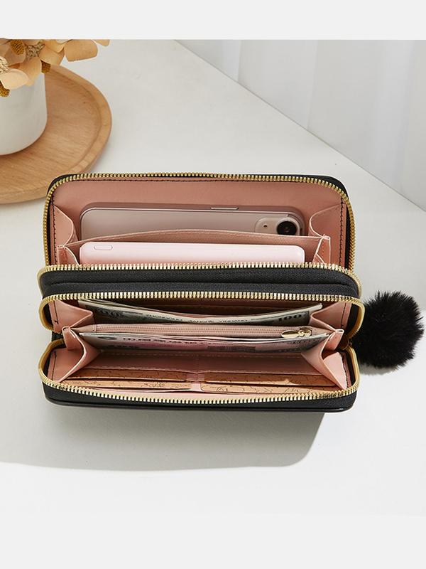 Women's Plaid Pattern Double Layer Zipper Quilted Long Wallet, Fashionable Pom Pom Decorated Pu Leather Card Holder, Large Capacity Coin Purse with Wristlet for Daily Used