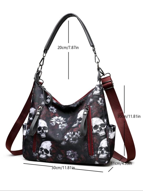 Fashion All Over Skull & Floral Print Tote Bag, Casual Large Capacity Shoulder Bag for Women, Trendy Adjustable Strap Crossbody Bag for Women for Daily Use