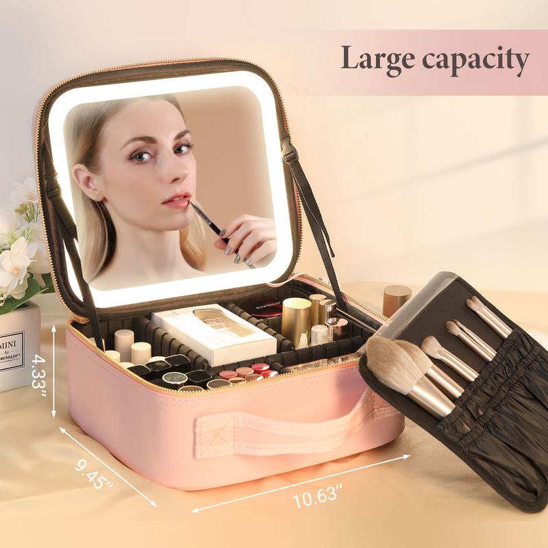 Behaesty Makeup case with LED Mirror multiple color travel makeup bag with Mirror lighted of 3-colour LED Lighted with Adjustable Dividers