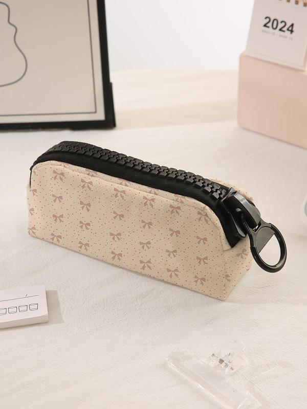 Cartoon Bow Pattern Makeup Bag, Large Zipper Makeup Bag, Durable Polyester Storage Bag, Spacious Zipper Makeup Bag for School Supplies and Stationery