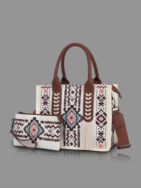 Boho Style Ethnic Pattern Tassel Decorated Bag Set, Large Capacity Designer Tote Bag & Coin Purse, Vintage Style Bag Set for Women