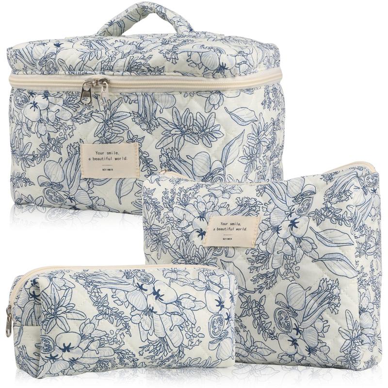 Cute Makeup Bag for Women(3 Pcs) , Quilted Floral Coquette Aesthetic Make up Bags, Travel Cosmetic Bags Toiletry Organizer Bag