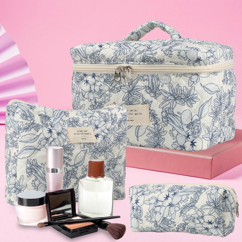 Cute Makeup Bag for Women(3 Pcs) , Quilted Floral Coquette Aesthetic Make up Bags, Travel Cosmetic Bags Toiletry Organizer Bag