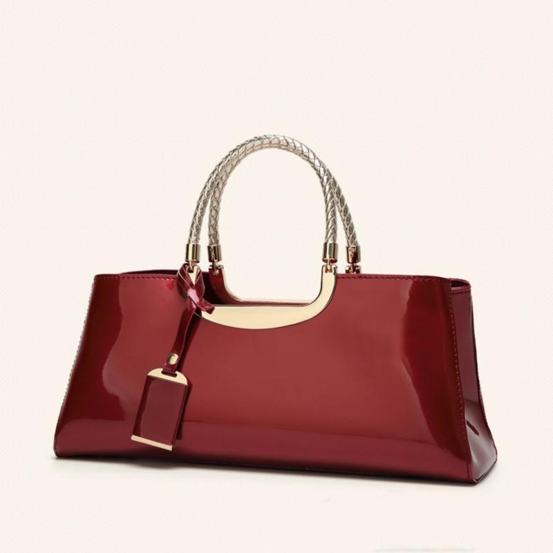 Solid Patent Leather Square Tote,Classic Banquet Handbag with Round Patterned Handles