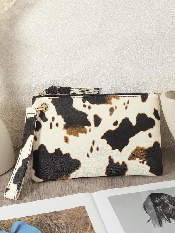 Women's Fashion Cow Pattern Zipper Wristlet, Casual PU Leather Clutch Purse for Daily Used, Trendy All-match Bag