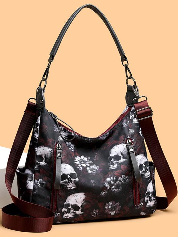 Fashion All Over Skull & Floral Print Tote Bag, Casual Large Capacity Shoulder Bag for Women, Trendy Adjustable Strap Crossbody Bag for Women for Daily Use