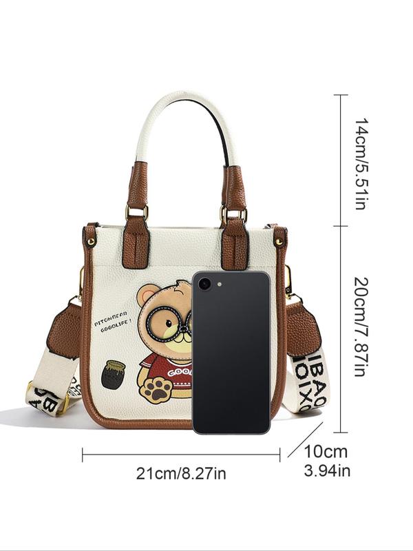 Women's Cute Cartoon Bear Pattern Crossbody Bag, Fashion Pu Leather Zipper Shoulder Bag for Daily Used, Casual Trendy Versatile High-quality Daily Commuting Bag