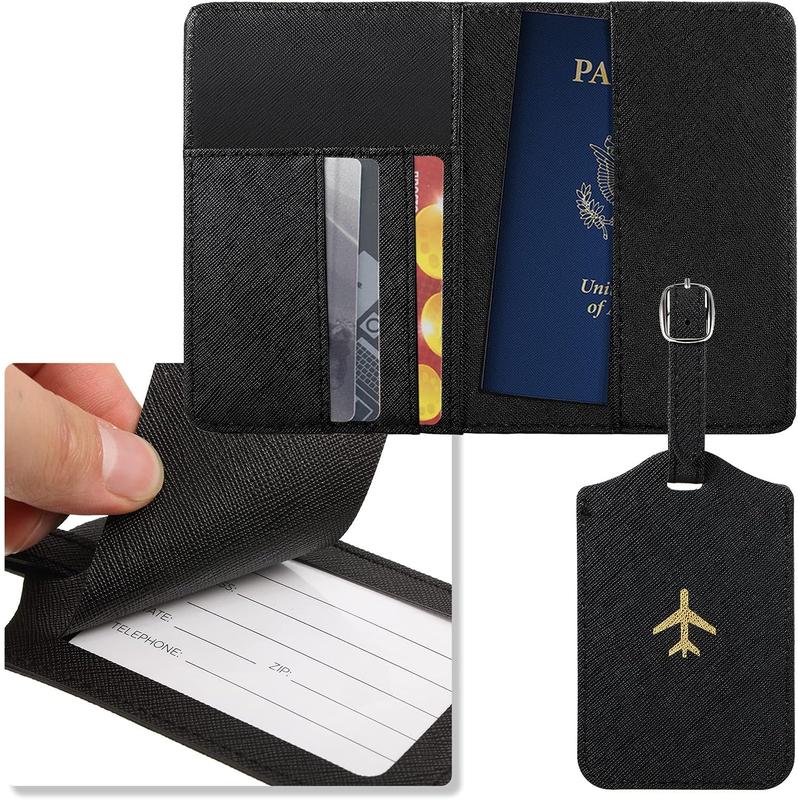 2 count unisex Passport Covers and 2 count Luggage Tags, Passport Holder Travel Suitcase Tag (White, Black)